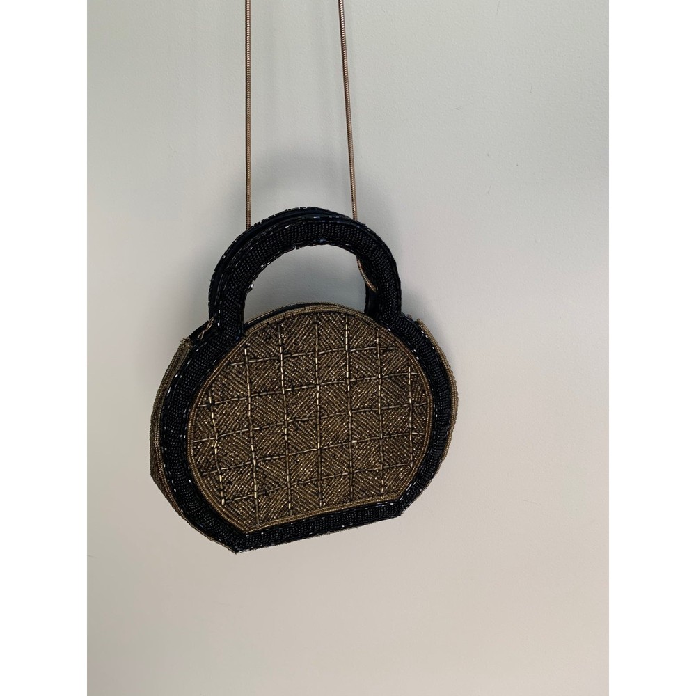 Vintage Gold and Black Rounded Beaded Bag with Crossbody Chain